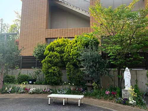 ▲施設内に立てられた聖母像。施設内には、キリスト教の愛の精神が根付いています