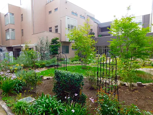 ▲敷地内の庭園で家庭菜園。四季折々の花を楽しめる癒やしの場所です